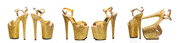 Sapatos Striptease Ouro Sapatos Salto Alto Tiras Três Para Poleldance — Fotografia de Stock