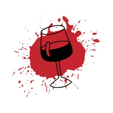 Bir bardak kırmızı Fransız şarabı ve su sıçraması. Doodle tarzı. Siyah çizgi ve kırmızı nokta. İzole edilmiş beyaz arkaplanda doğrusal vektör çizimi. Yazdırma ve web, etiket tasarımı, broşürler için.