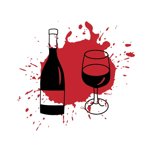 Verre Vin Rouge Français Bouteille Éclaboussure Style Caniche Contour Noir — Image vectorielle