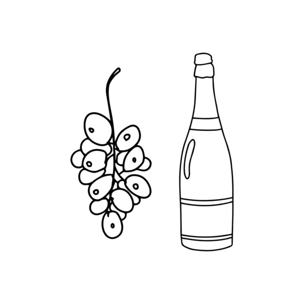 Eine Flasche Champagner Und Eine Traube Französischer Weißwein Doodle Stil — Stockvektor