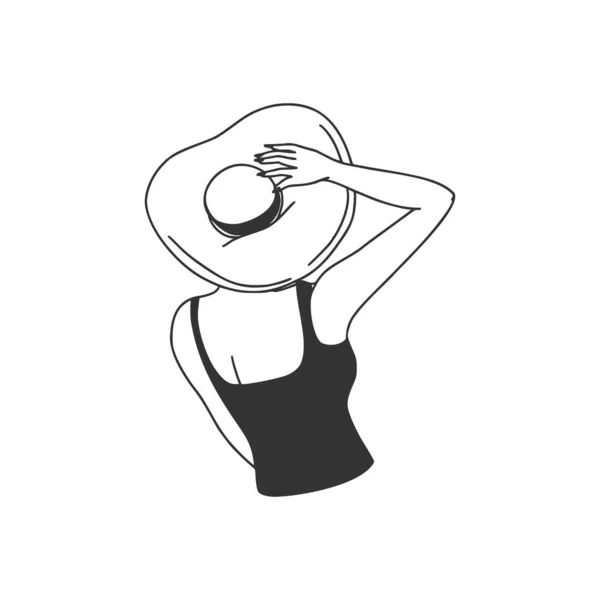水着姿の女性 優美な姿をしている 直線型 背中からは 彼の手に大きな帽子を保持表示します ベクトル現代手描きイラスト 白い背景に隔離された — ストックベクタ