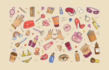 Kozmetik konulu büyük bir çıkartma seti. Sevimli renkli makyaj malzemeleri. Maskara, ruj, krem, parfüm, manikür. Yüz bakımı. Doodle tarzı. Elle çizilmiş vektör. Çıkartmalar, sosyal medya için.