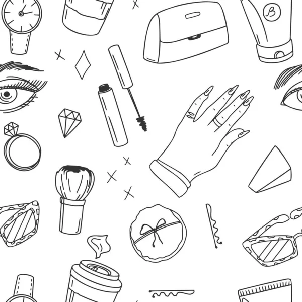 Modèle Sans Couture Avec Des Produits Beauté Style Doodle Linéaire — Image vectorielle