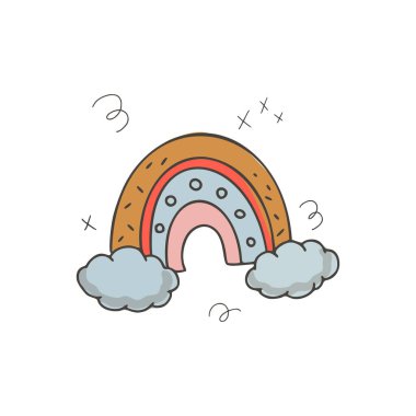 Boho tarzında bulutlu renkli gökkuşağı. Renkli karalama. Vektör elle çizilmiş illüstrasyon. Beyaz arka planda izole edilmiş. Yazdırma ve ağ için.