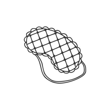 Uyku maskesi görüntüsü. Kızsal şeyler. Rahatlamak ve uyumak için göz alıcı bir aksesuar. Doğrusal karalama stili. Beyaz arka planda izole edilmiş. Kartpostallara, kumaşlara, paketlere, internete baskı yapmak için.