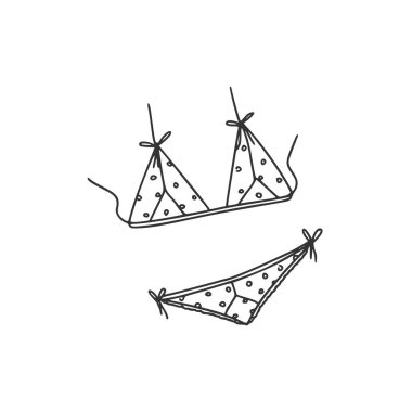 Kadın iç çamaşırı seti. Sütyen ve külot. Kızsal şeyler. Doğrusal karalama stili. Vektör elle çizilmiş illüstrasyon. Beyaz arka planda izole edilmiş. Yazdırma ve ağ için