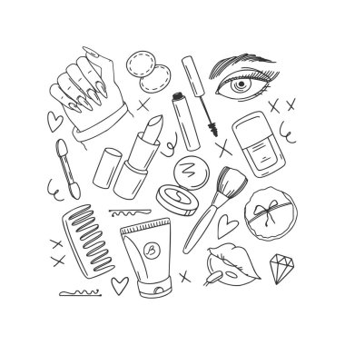 Güzellik kozmetik seti. Güzel makyaj malzemeleri. Ruj, krem, rimel, göz farı, allık, oje. Yüz bakımı. Doğrusal karalama stili. Elle çizilmiş vektör. Kartvizitler, baskılar, sosyal ağlar için