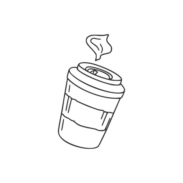 Einwegbecher Aus Papier Mit Kaffee Zum Mitnehmen Heißgetränk Linearer Doodle — Stockvektor