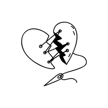 Kırık bir kalbin iki yarısı birbirine dikilir. İplikle iğne yap. Aşk onarımı, iyileştirme. Üzücü bir duygu. Doodle tarzı. İzole edilmiş beyaz arkaplanda vektör çizimi. Sevgililer Günü konsepti.