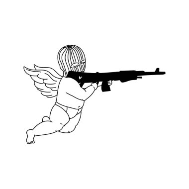 Küçük maskeli Aşk Tanrısı bir silah ateşliyor. Sevgililer Günü konsepti. Doğrusal karalama stili. İzole edilmiş beyaz arkaplanda vektör. Kartlar, davetiyeler, dövmeler, kıyafet tasarımları için