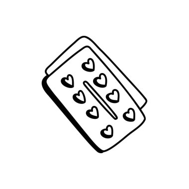 Kalp şeklinde tablet kabarcıkları. Aşkın tedavisi. Sevgililer Günü konsepti. Doğrusal karalama stili. İzole edilmiş beyaz arkaplanda vektör. Kartlar, davetiyeler, dövmeler, kıyafet tasarımları için