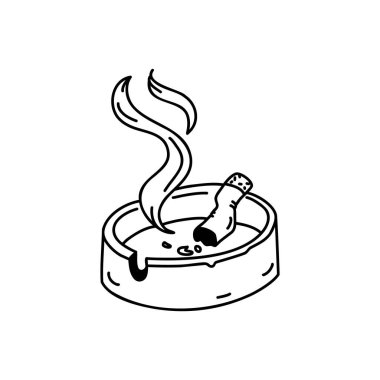 A dirty ashtray with a cigarette butt. The harm of smoking. Linear doodle style. Vector on isolated white background. For printing on cards, invitations, tattoos, fashion design.