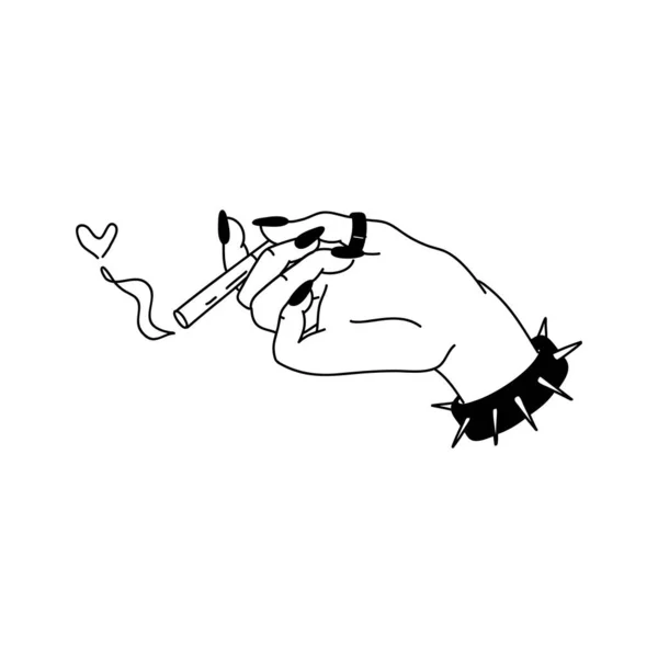 女性の手はタバコを持っている 長い釘 スパイクブレスレット 心臓の形をした煙 バレンタインデーのコンセプト 直線的なドアスタイル 隔離された白い背景のベクトル — ストックベクタ