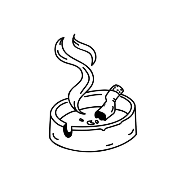 Dirty Ashtray Cigarette Butt Harm Smoking Linear Doodle Style Vector — Wektor stockowy