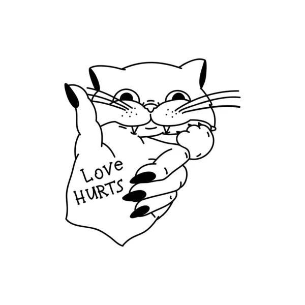 Cat Bites Woman Hand Phrase Love Hurts Valentine Day Concept — Stock Vector