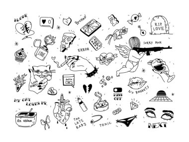 Kırık kalp etiketleri seti. Anti-Sevgililer Günü. Siyah dövme elementleri koleksiyonu. Kalp, gözyaşı, ayrılık, üzüntü, şarap, sigara. Doodle stili klipte. Vektör. Yazdırma ve web tasarımı için.