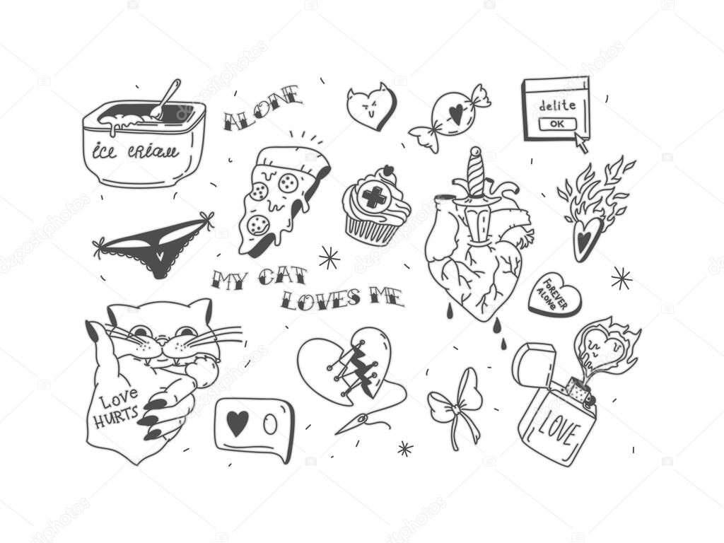 Set of broken heart stickers. Anti-valentine day. Black tattoo elements collection. Heart, tears, parting, sadness, wine, cigarettes. Doodle style clipart. Vector. For print and web design.