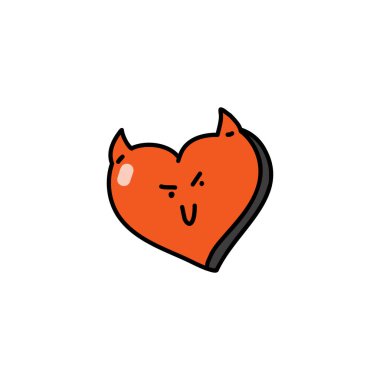 Boynuzlu kırmızı şeytan kalbi. Aşk iblisi. Sevgililer Günü konsepti. Doğrusal renkli karalama stili. Kartlar, davetiyeler, dövmeler, kıyafet tasarımları için