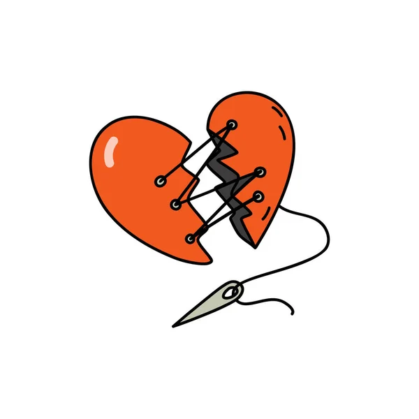 Zwei Rote Hälften Eines Gebrochenen Herzens Werden Zusammengenäht Nadel Mit — Stockvektor