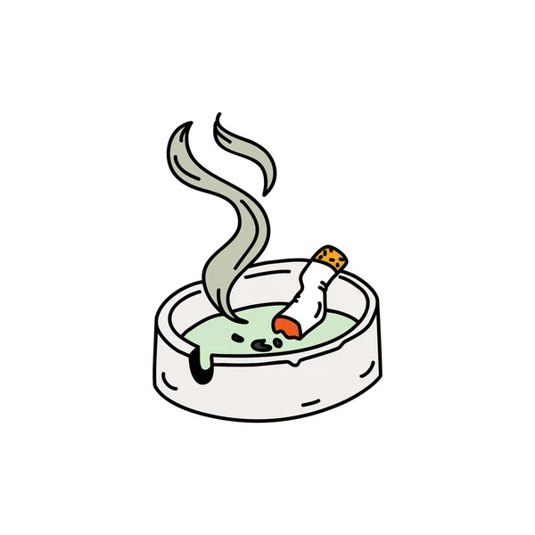 Dirty Ashtray Cigarette Butt Harm Smoking Linear Colored Doodle Style — Vector de stock