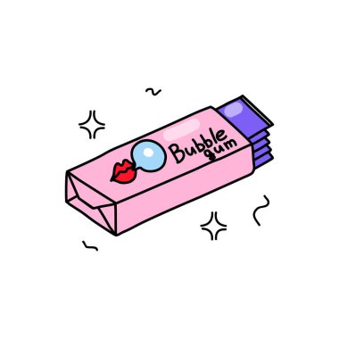 Sakız paketliyorum. Çiğneme tatlılığı. Doodle tarzı. İzole edilmiş arkaplanda vektör illüstrasyonu. Çıkartmalar, yamalar, kartlar, davetiyeler için