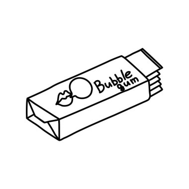 Sakız paketliyorum. Çiğneme tatlılığı. Doodle tarzı. İzole edilmiş arkaplanda vektör illüstrasyonu. Çıkartmalar, yamalar, kartlar, davetiyeler için