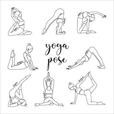 Yüzü olmayan genç bir kız yoga egzersizleri yapıyor. Pilates, sağlıklı yaşam tarzı. Doğrusal stil. Beyaz arkaplanda vektör çizimi izole edildi. Kartvizitler, posterler, internet için