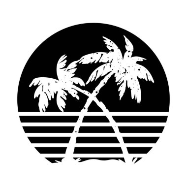 80 'ler-90' lar tarzında antika günbatımı. Palmiye ağaçlarının beyaz siluetleri. Çizgili daire. Logo, rozet, pankart ve parmak izi için vektör tasarım şablonu. İzole edilmiş beyaz arkaplan.