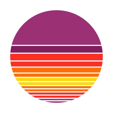 80 'li-90' lı yılların tarzında gün batımı. Soyut eğim arkaplanı. Mor ve sarı renkler. Logo, rozet, pankart ve parmak izi için tasarım şablonu. İzole edilmiş beyaz arkaplanda vektör illüstrasyonu