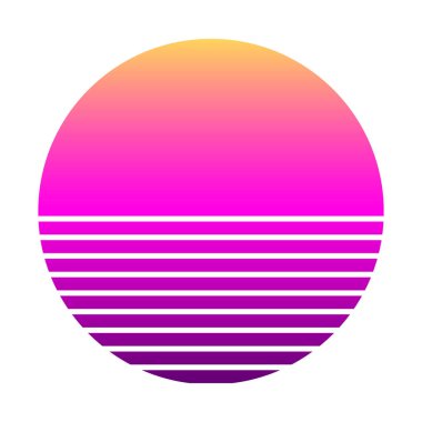 80 'li-90' lı yılların tarzında gün batımı. Soyut eğim arkaplanı. Mor ve sarı renkler. Logo, rozet, pankart ve parmak izi için tasarım şablonu. İzole edilmiş beyaz arkaplanda vektör illüstrasyonu