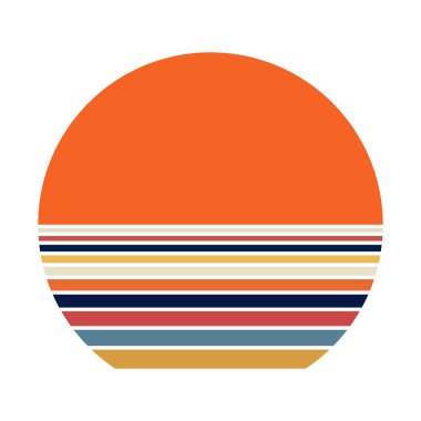 80 'li-90' lı yılların tarzında gün batımı. Soyut eğim arkaplanı. Mavi ve turuncu renkler. Logo, rozet, pankart ve parmak izi için tasarım şablonu. İzole edilmiş beyaz arkaplanda vektör illüstrasyonu