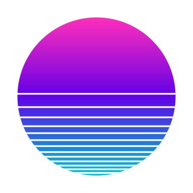 80 'li-90' lı yılların tarzında gün batımı. Soyut eğim arkaplanı. Mor ve mavi renkler. Logo, rozet, pankart ve parmak izi için tasarım şablonu. İzole edilmiş beyaz arkaplanda vektör illüstrasyonu