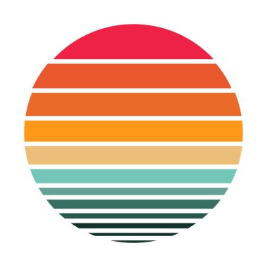 80 'li-90' lı yılların tarzında gün batımı. Soyut eğim arkaplanı. Kırmızı ve mavi renkler. Logo, rozet, pankart ve parmak izi için tasarım şablonu. İzole edilmiş beyaz arkaplanda vektör illüstrasyonu