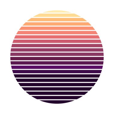 80 'li-90' lı yılların tarzında gün batımı. Soyut eğim arkaplanı. Sarı ve mor renkler. Logo, rozet, pankart ve parmak izi için tasarım şablonu. İzole edilmiş beyaz arkaplanda vektör illüstrasyonu