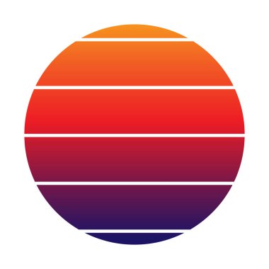 80 'li-90' lı yılların tarzında gün batımı. Soyut eğim arkaplanı. Turuncu ve mavi renkler. Logo, rozet, pankart ve parmak izi için tasarım şablonu. İzole edilmiş beyaz arkaplanda vektör illüstrasyonu