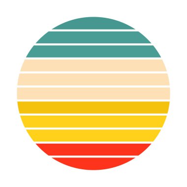 80 'li-90' lı yılların tarzında gün batımı. Soyut eğim arkaplanı. Eski moda renkler. Logo, rozet, pankart ve parmak izi için tasarım şablonu. İzole edilmiş beyaz arkaplanda vektör illüstrasyonu