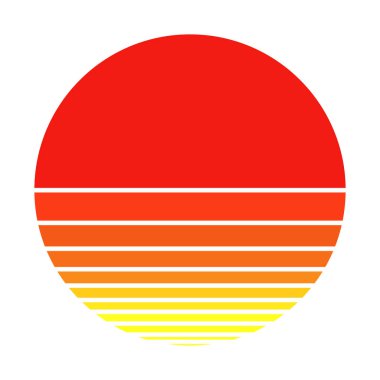 80 'li-90' lı yılların tarzında gün batımı. Soyut eğim arkaplanı. Kırmızı ve sarı renkler. Logo, rozet, pankart ve parmak izi için tasarım şablonu. İzole edilmiş beyaz arkaplanda vektör illüstrasyonu
