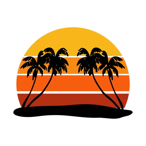 Retro Vintage Zonsondergang Jaren Stijl Zwarte Silhouetten Van Palmbomen Gestreepte — Stockvector