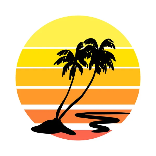 Atardecer Vintage Retro Estilo Siluetas Negras Palmeras Círculo Rayas Plantilla — Vector de stock