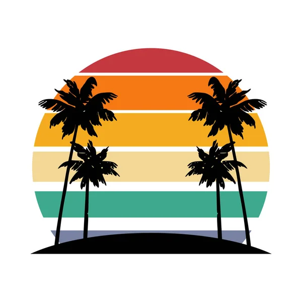 Retro Vintage Sunset 80S 90S Style Black Silhouettes Palm Trees — Stock Vector