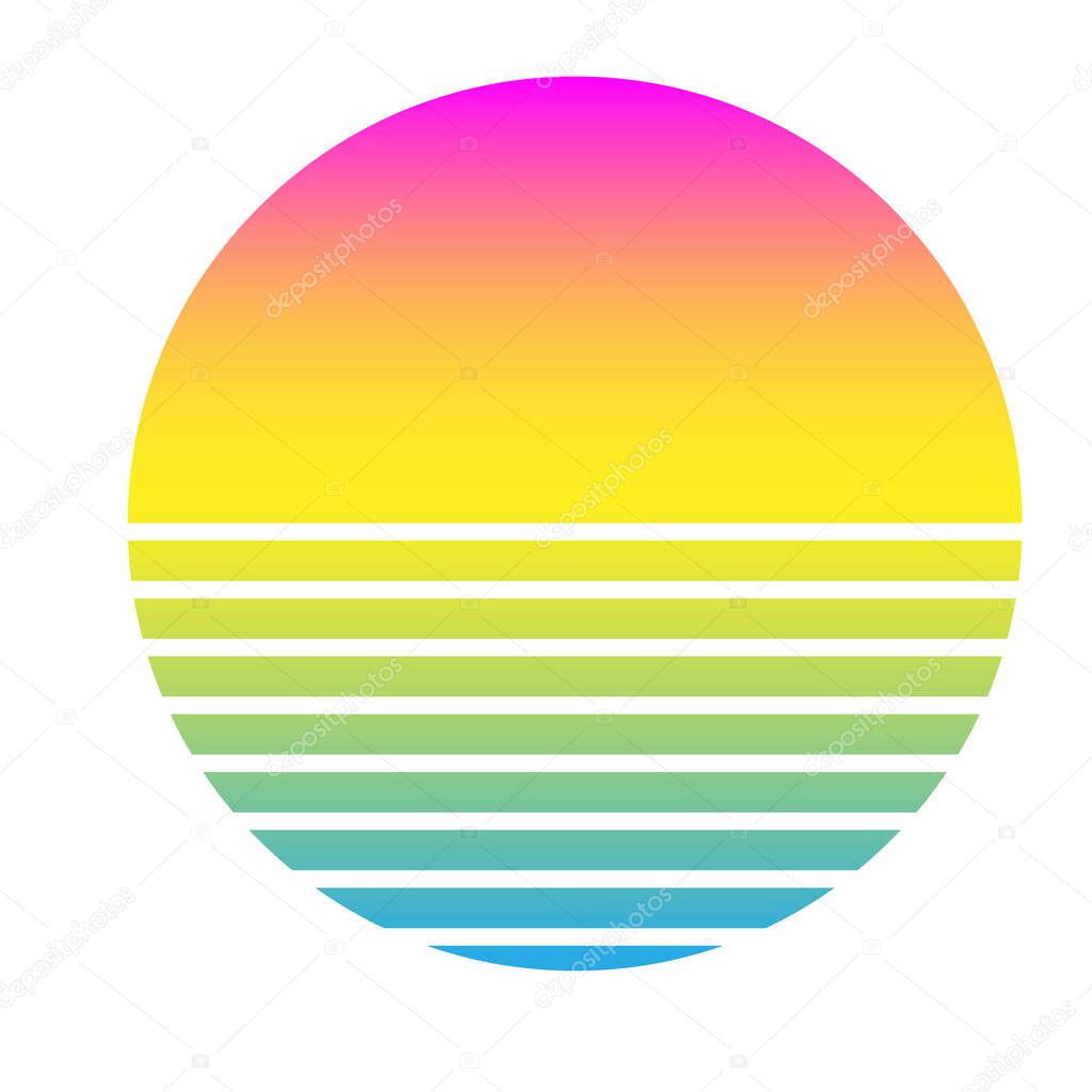 Retro sunset in the style of the 80s-90s. Abstract gradient background. Pink and yellow colors. Design template for logo, badges, banners, prints. Vector illustration on isolated white background
