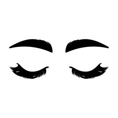 Kapalı kadın gözleri, kirpikleri ve kaşları. İzole edilmiş beyaz arka planda uzun güzel kirpikleri var. Makyaj, rimel, moda. Vektör çizimi. Güzellik salonu logosu için, kamçı uzatma makinesi.
