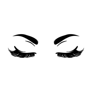 Kapalı kadın gözleri, kirpikleri ve kaşları. İzole edilmiş beyaz arka planda uzun güzel kirpikleri var. Makyaj, rimel, moda. Vektör çizimi. Güzellik salonu logosu için, kamçı uzatma makinesi.