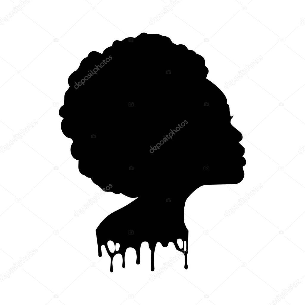 Black woman silhouette of the face. African American girl. Curly hair. Vector illustration on white isolated background. For beauty salon, t-shirt design, beauty logo.