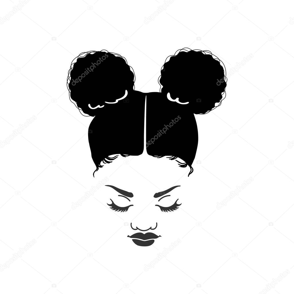 Black woman with a pretty face. African American girl. Afro puff hairstyle. Vector illustration on white isolated background. For beauty salon, t-shirt design, beauty logo.