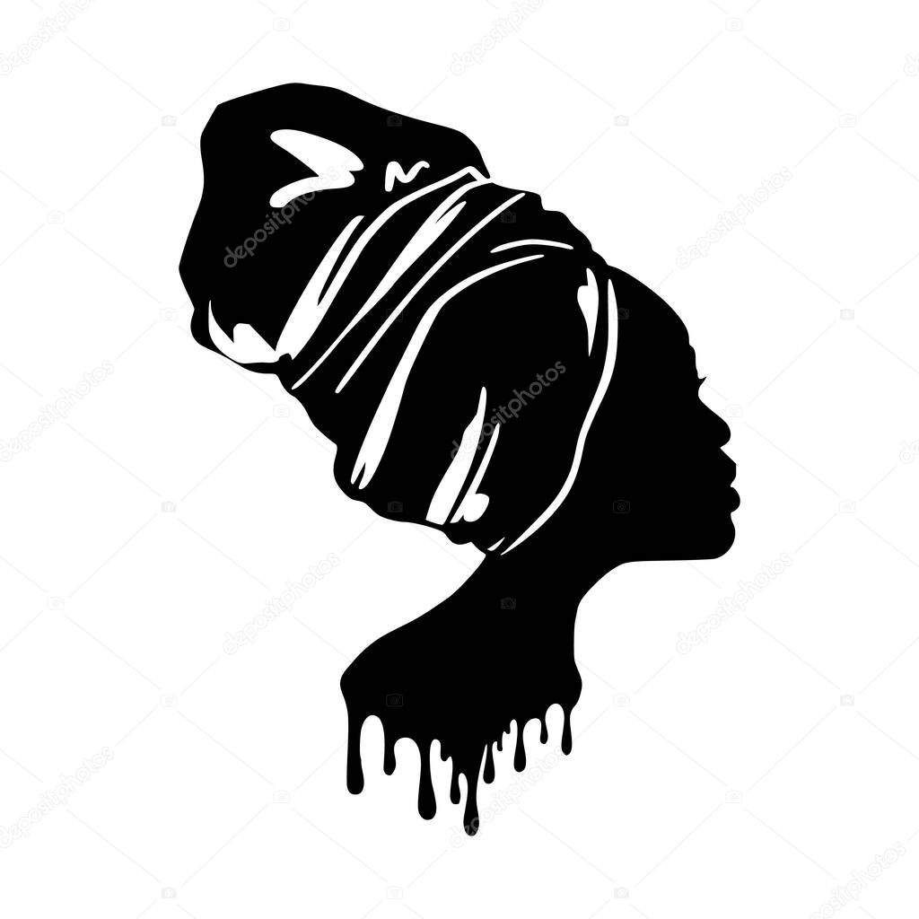 Black woman silhouette of the face. African American girl. The traditional turban on the head. Vector illustration on white isolated background. For beauty salon, t-shirt design, beauty logo.