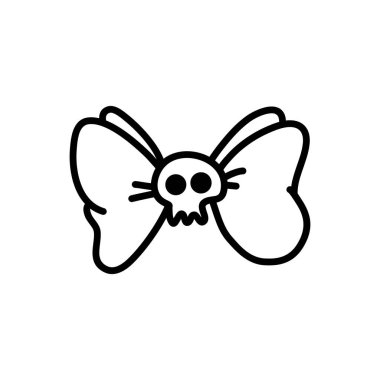 Fiyonklu şirin bir kafatası. Ürkütücü kafatası simgesi. Doodle tarzı. Canavar kız sembolü. İzole edilmiş arka planda Emo vektör çizimi. Cadılar Bayramı davetiyeleri, basım ve internet için