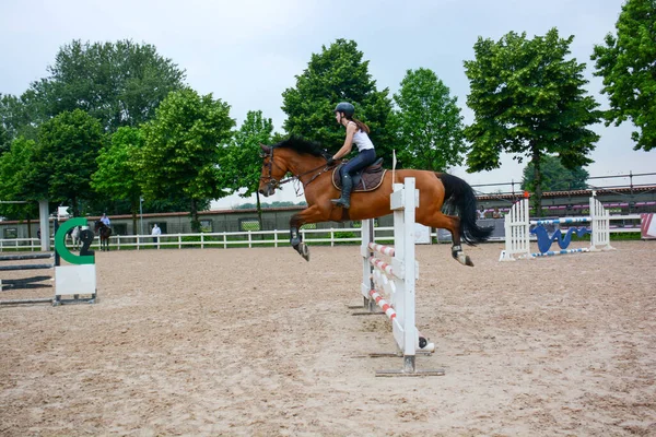 Leçon Saut Obstacles Dans Cours Avec Détail Position Cavalier Cheval — Photo