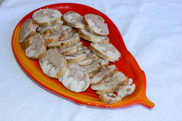 Homemade Italian Food Roast Veal Stuffed Prunes Bacon Pistachios Shallots — Stock Photo, Image