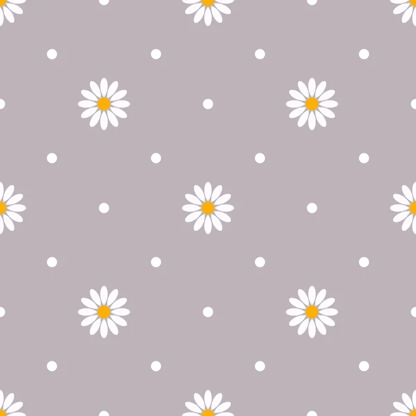 Seamless pattern with daisies and dots on a gray background.